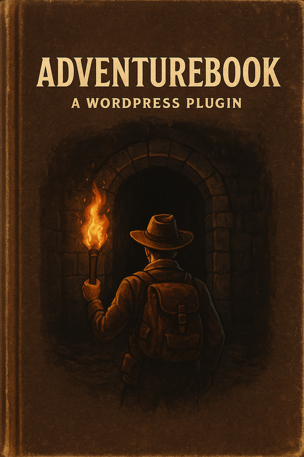 A person holding a torch stands in front of a dark, arched doorway, with the title 'ADVENTUREBOOK A WORDPRESS PLUGIN' prominently displayed.